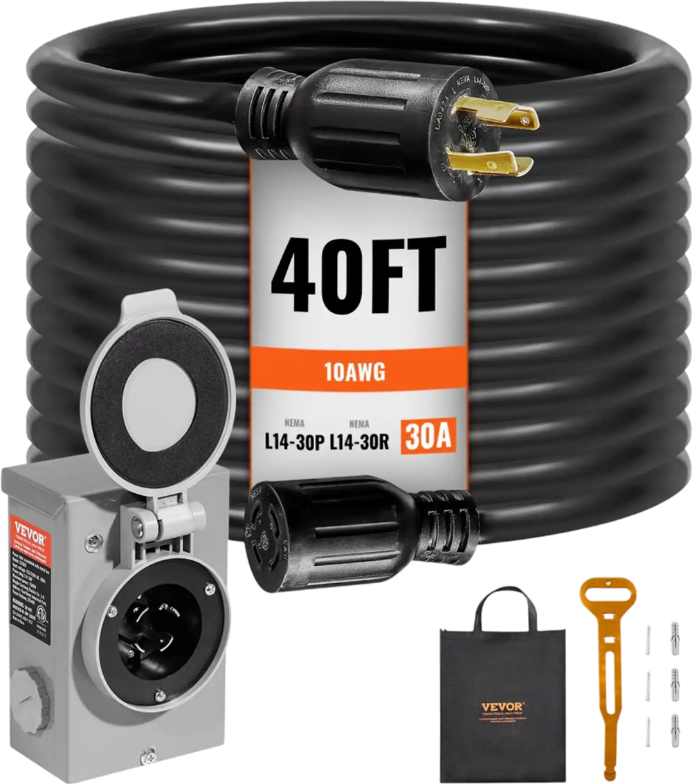 VEVOR 30 Amp Generator Cord and Power Inlet Box Kit, 40 FT, NEMA L14-30P/L14-30R STW 10 AWG Generator Power Extension Cord with Twist Lock Connector, Pre-Drilled Inlet Box for RV Outdoor, ETL Listed