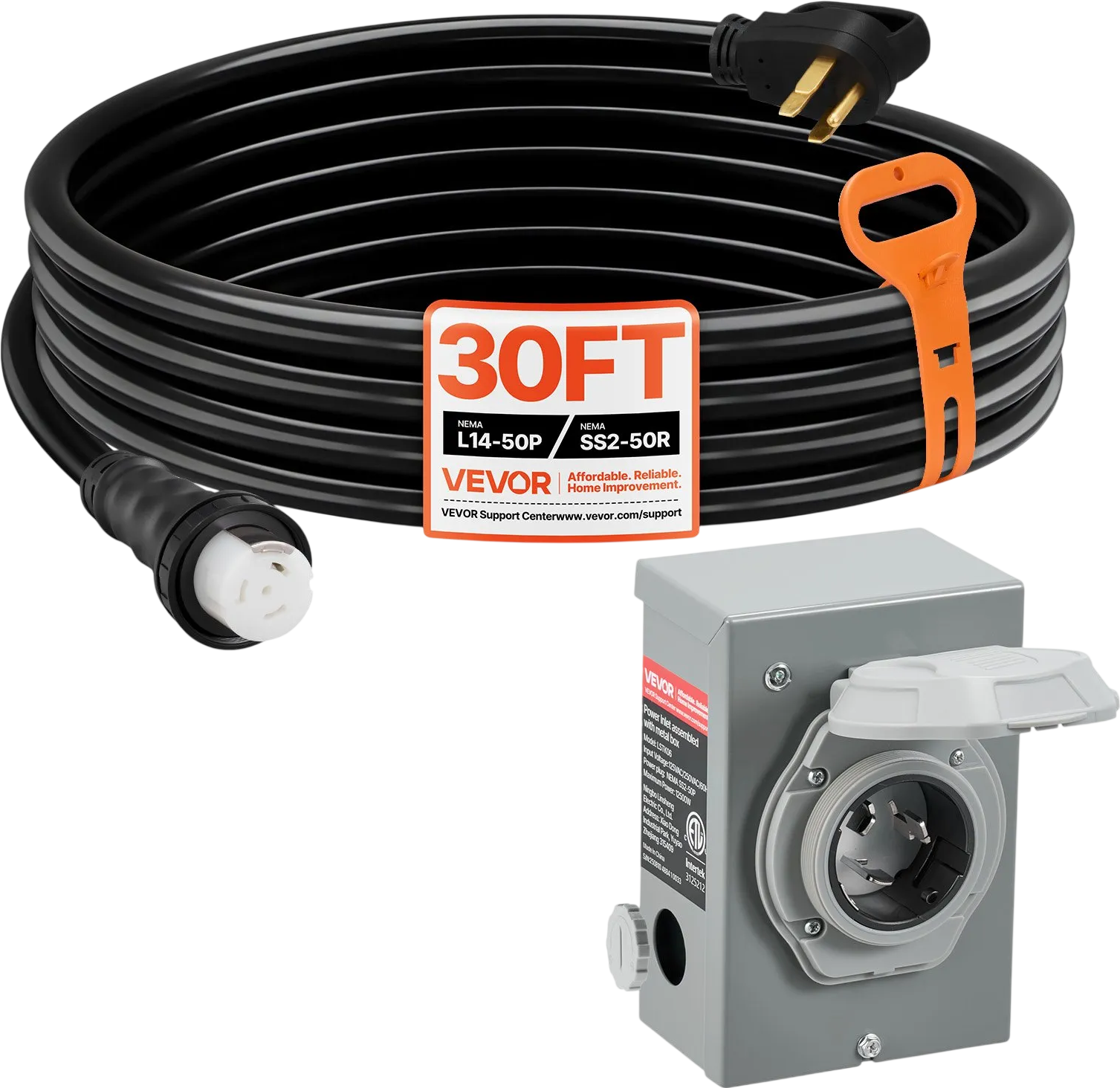 Vevor Power Inlet Box and 50A Generator Cord 30 ft. 125/250V NEMA 14-50P to SS2-50R New
