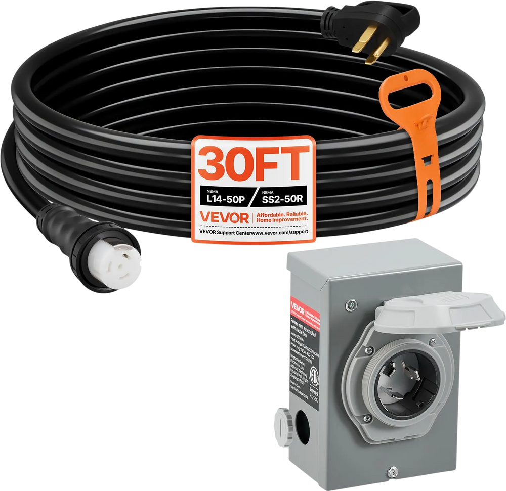 VEVOR 50 Amp Generator Cord and Power Inlet Box, 30FT, 125V/250V STW 6/3 + 8/1 AWG Extension Power Cord, NEMA 14-50P to SS2-50R, Twist Lock Connector, Inlet Box Kit, for Generator to House, ETL Listed