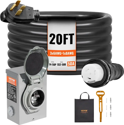 VEVOR 50 Amp Generator Cord and Power Inlet Box Kit, 20FT, NEMA 14-50P/SS2-50R STW 6/3+8/1 AWG Generator Power Cord with Twist Lock Connector, Pre-Drilled Inlet Box for Generator to House, ETL Listed