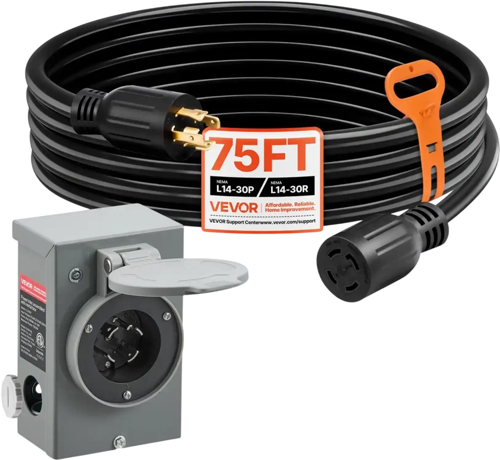 Vevor Generator Cord and Power Inlet Box 30A 75' 125/250V NEMA L14-30P to L14-30R New