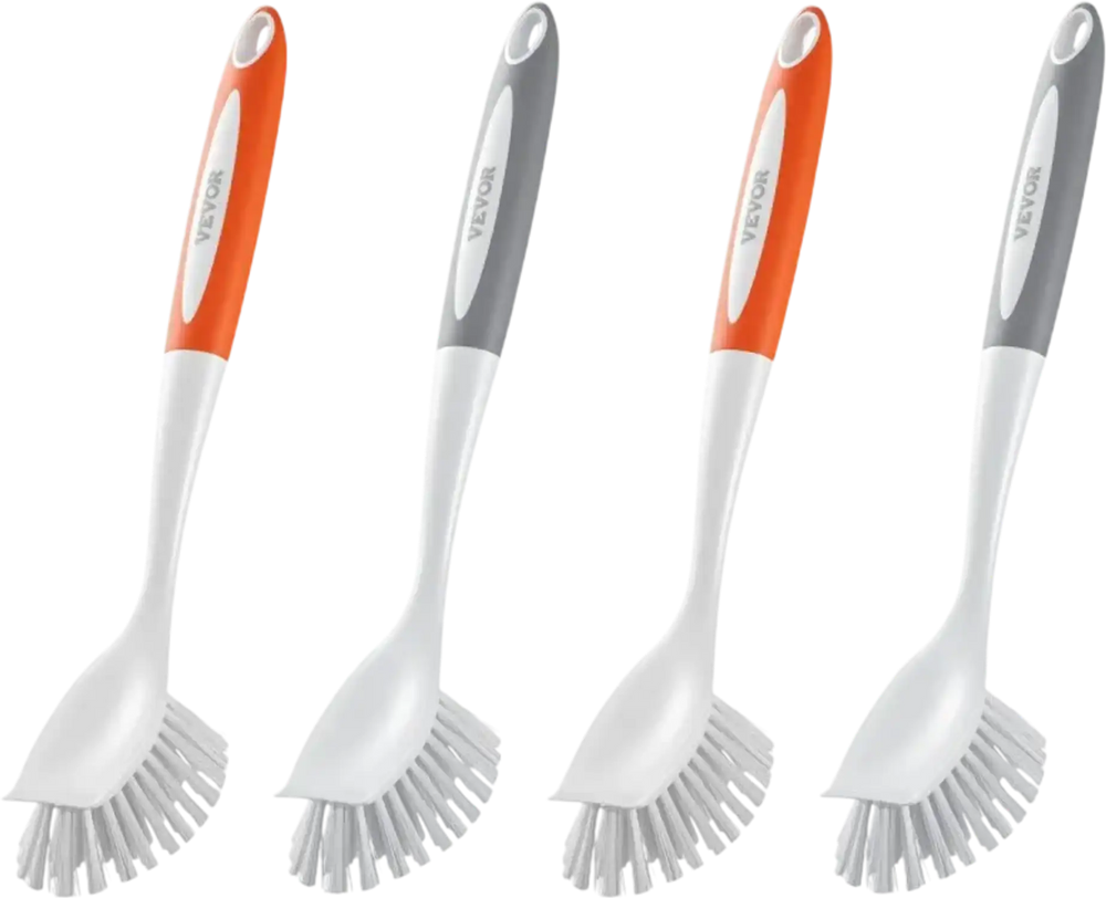 VEVOR Dish Brush, 4 Pack Kitchen Scrub Brushes with PP Handle, Dish Cleaning Brushes with Curved Bristles, Ideal for Pots, Pans, Sink and Stove, 2 Gray + 2 Orange