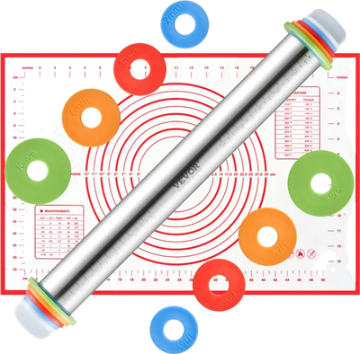 VEVOR Adjustable Rolling Pin, Stainless Steel Dough Roller Designs, Rolling Pin with Thickness Rings and Pastry Baking Nonstick Mat Set, for Baking Fondant, Pizza, Pie, Pastry, Pasta, Dough, Cookies
