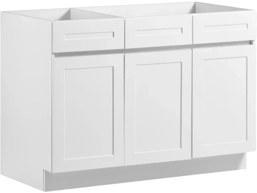 VEVOR White Shaker Base Cabinet Ready to Assemble, 48"W Unassembled Sink Base Cabinet, 48" W x 24" D x 34.5" H, with 3 Doors, Soft-Close Hardware, Fine Edge Banding, for Home, Office, and Laundry Room