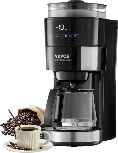 VEVOR Coffee Maker with Grinder, 10 Cup Coffee Machine, Grind and Brew Coffee Maker with 3 Brew Strength Control, Drip Coffee Maker with Adjustable Grinding Coarseness, for Home Office Restaurant