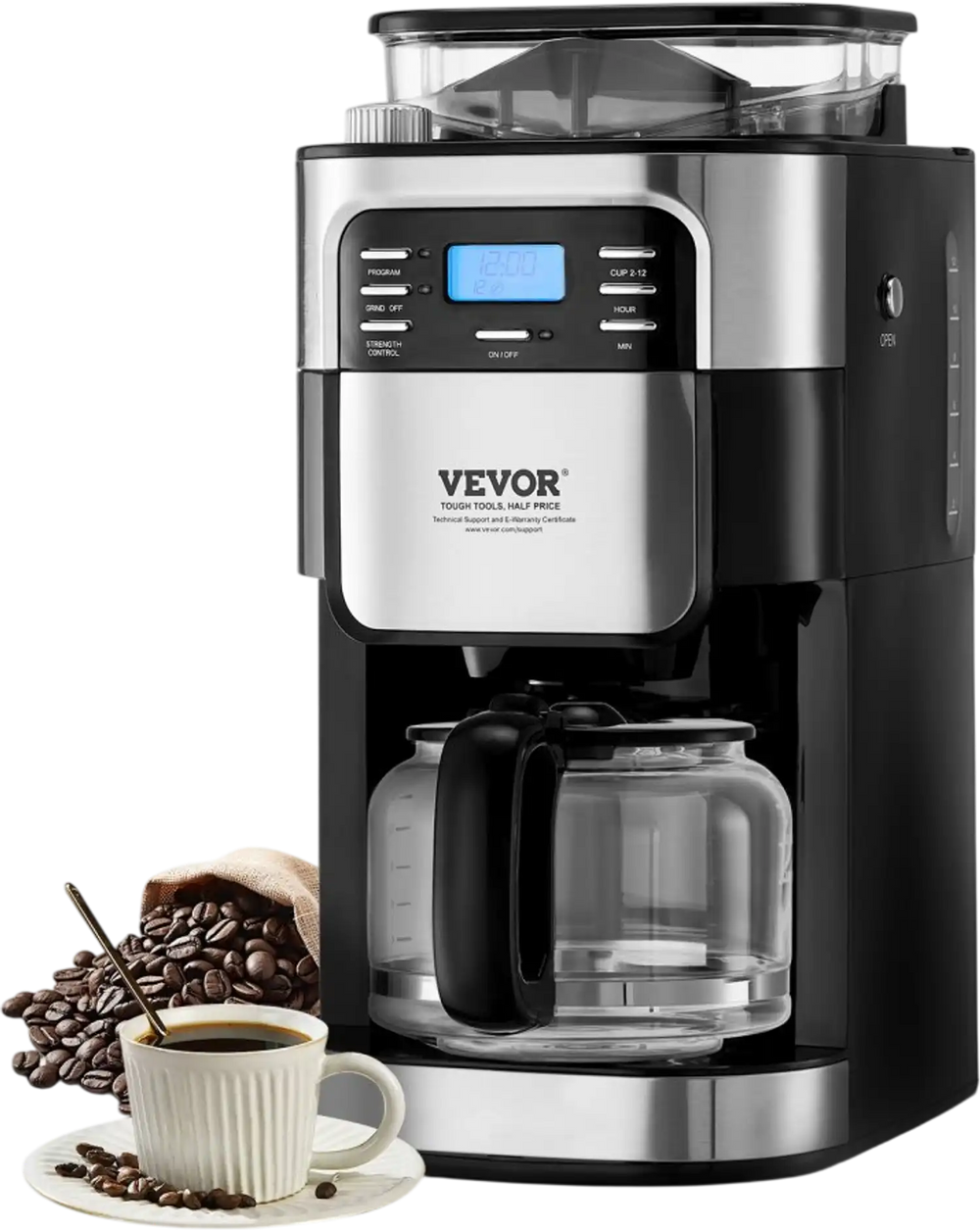 VEVOR Coffee Maker with Grinder, 12 Cup Coffee Machine, Grind and Brew Coffee Maker with 3 Brew Strength Control, 24-Hour Timer for Auto Brew, for Home Office Restaurant
