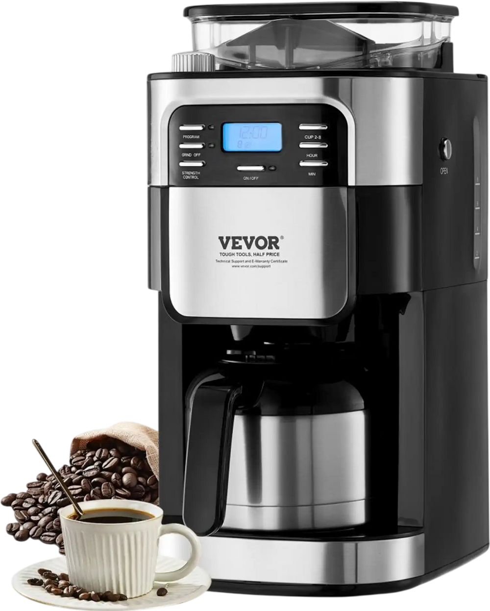 VEVOR Coffee Maker with Grinder, 8 Cup Coffee Machine, Grind and Brew Coffee Maker with 3 Brew Strength Control, 24-Hour Timer for Auto Brew, for Home Office Restaurant
