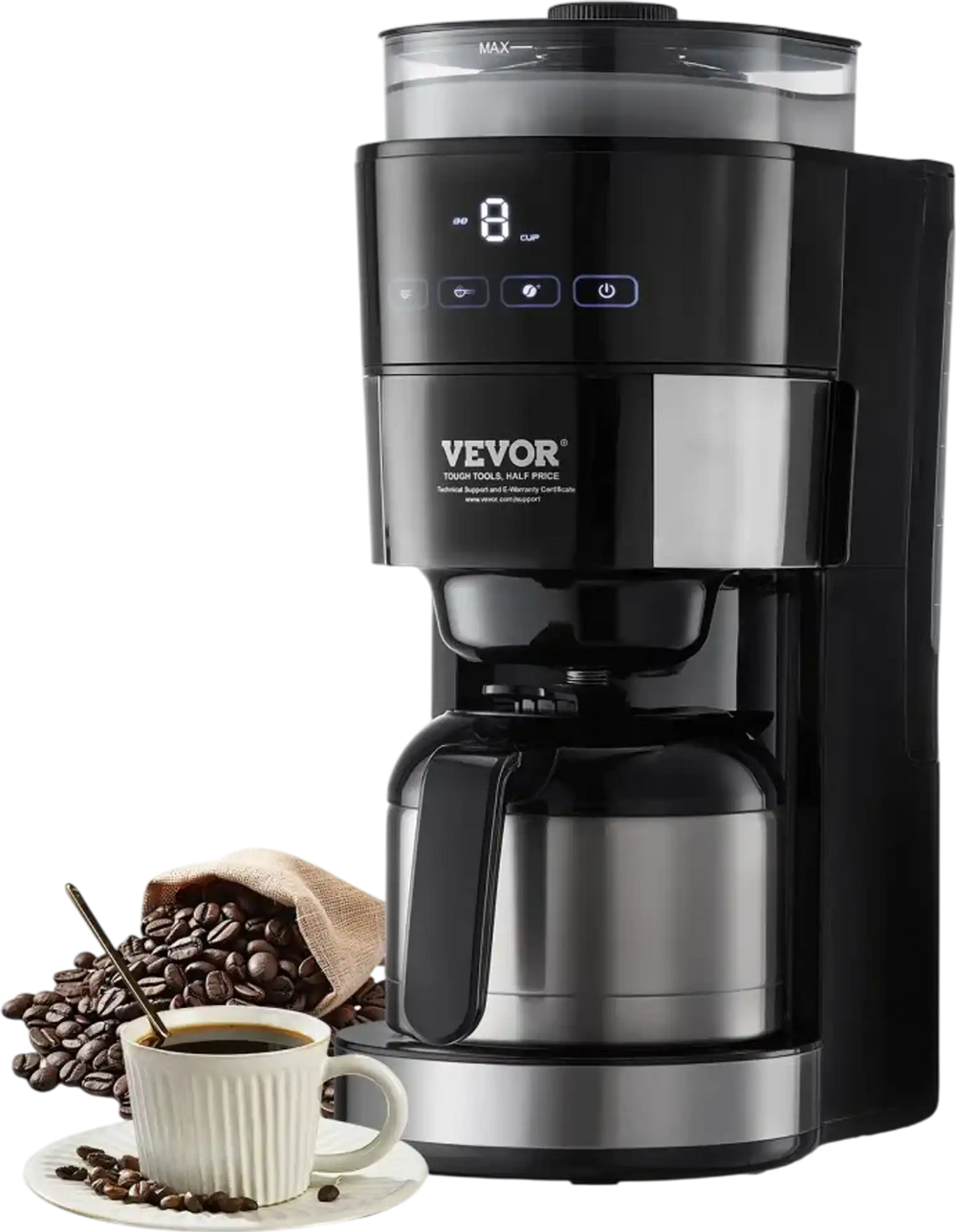 VEVOR Coffee Maker with Grinder, 8 Cup Programmable Coffee Machine, Grind and Brew Coffee Maker with 24-Hour Timer for Auto Brew, Reusable Filter, for Home Office Restaurant
