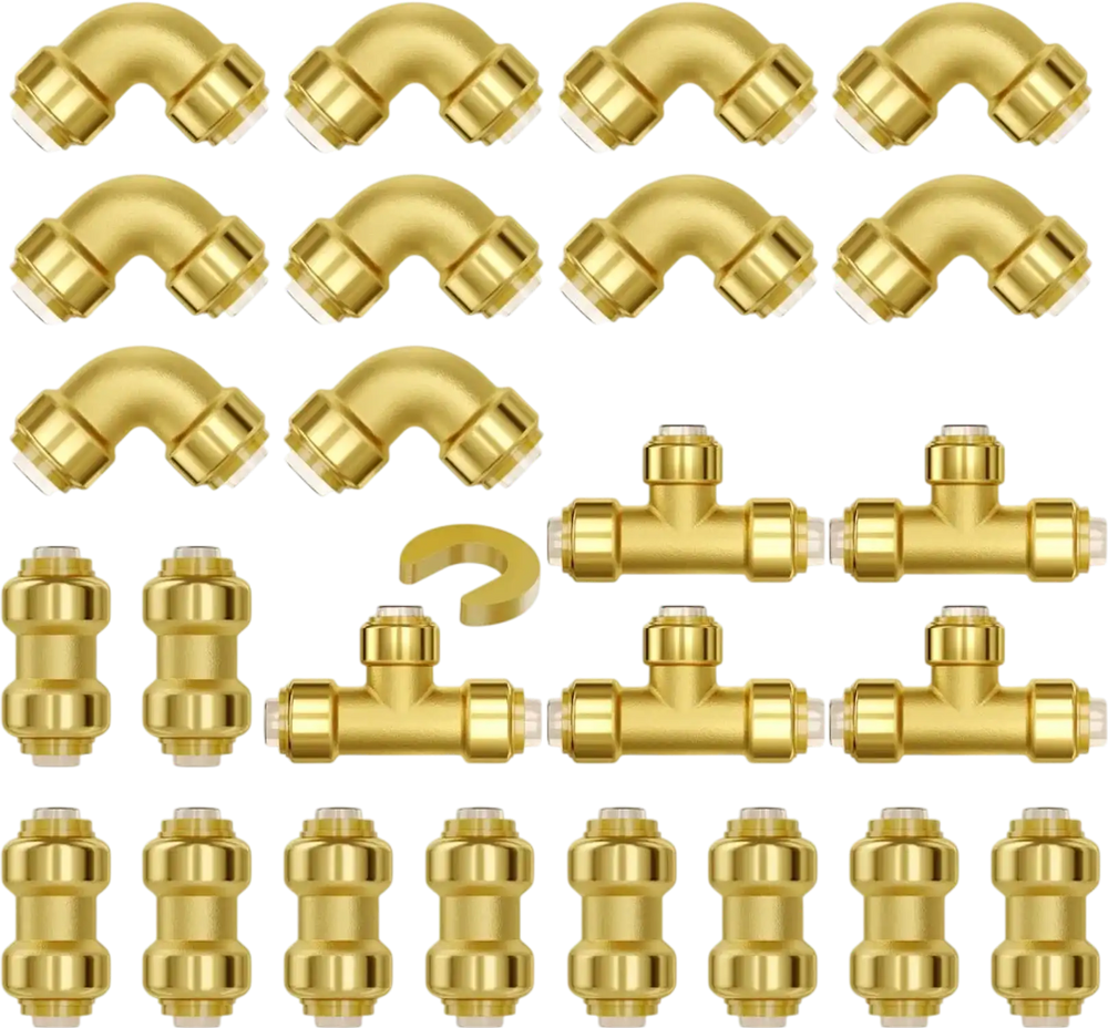 VEVOR Pipe Fittings, 1/2" 25PCS (10xStraight, 10xElbows, 5xTees) Brass Pipe Fittings, Push-Fit Pipe Connector Brass Air Fittings, Plumbing Fittings Adapter for Heating/Shower Systems, Water Pipes