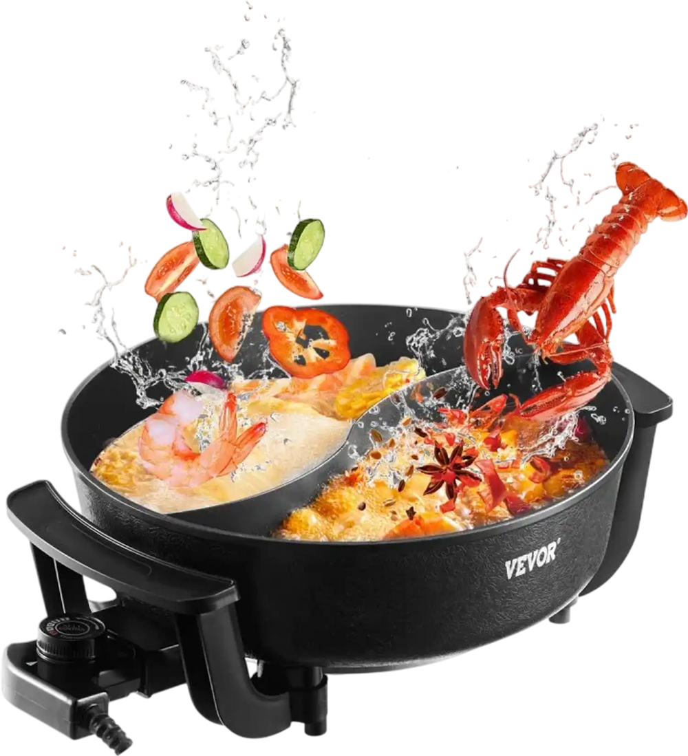 VEVOR Electric Hot Pot, 1360W 5 L Double-flavor Shabu Shabu Pot, Non-Stick Electric Cooker with Divider, Clear Glass Lid, Temperature control, Chinese Hotpot for 6-10 People Family Dinning & Party