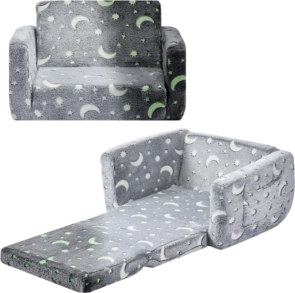 VEVOR 2-in-1 Kids Sofa, Foldable Toddler Soft Couch with Armrests, Glow in the Dark Kids Couch Fold Out with 28D Sponge & Flannel, Convertible Toddler Chair to Lounger for Reading and Gaming, M, Gray