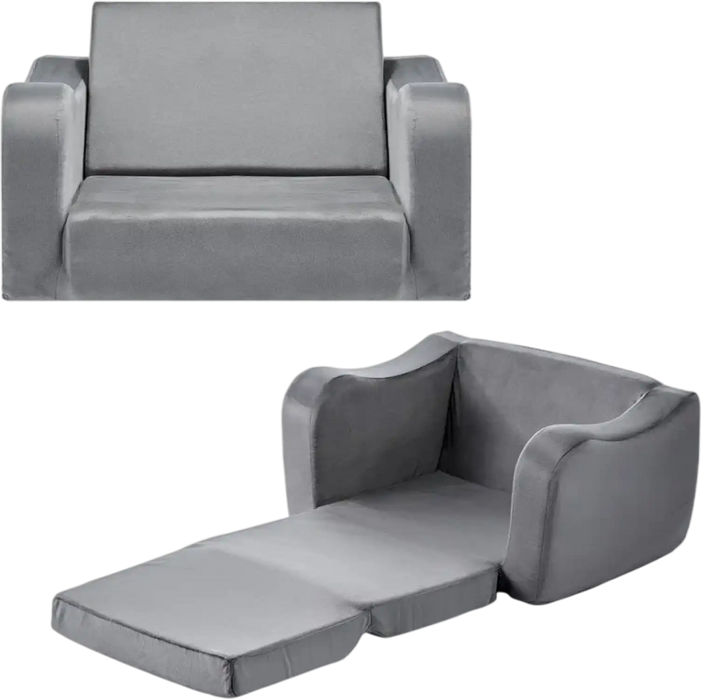 VEVOR 2-in-1 Kids Sofa, Foldable Toddler Soft Couch with Armrests, Made of 28D Sponge & Short Pile, Convertible Toddler Chair to Lounger, Kid Couch Fold Out for Fun Playtime or Comfy Lounging, M, Gray