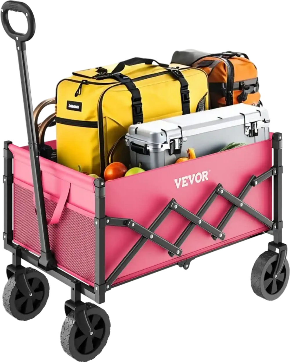 VEVOR Collapsible Wagon Carts, 120L & 225LBS Folding Wagons with All-Terrain Wheels, Heavy Duty Outdoor Utility Cart with Adjustable Handle, Portable Camping Cart for Beach Grocery Garden Pink & Black