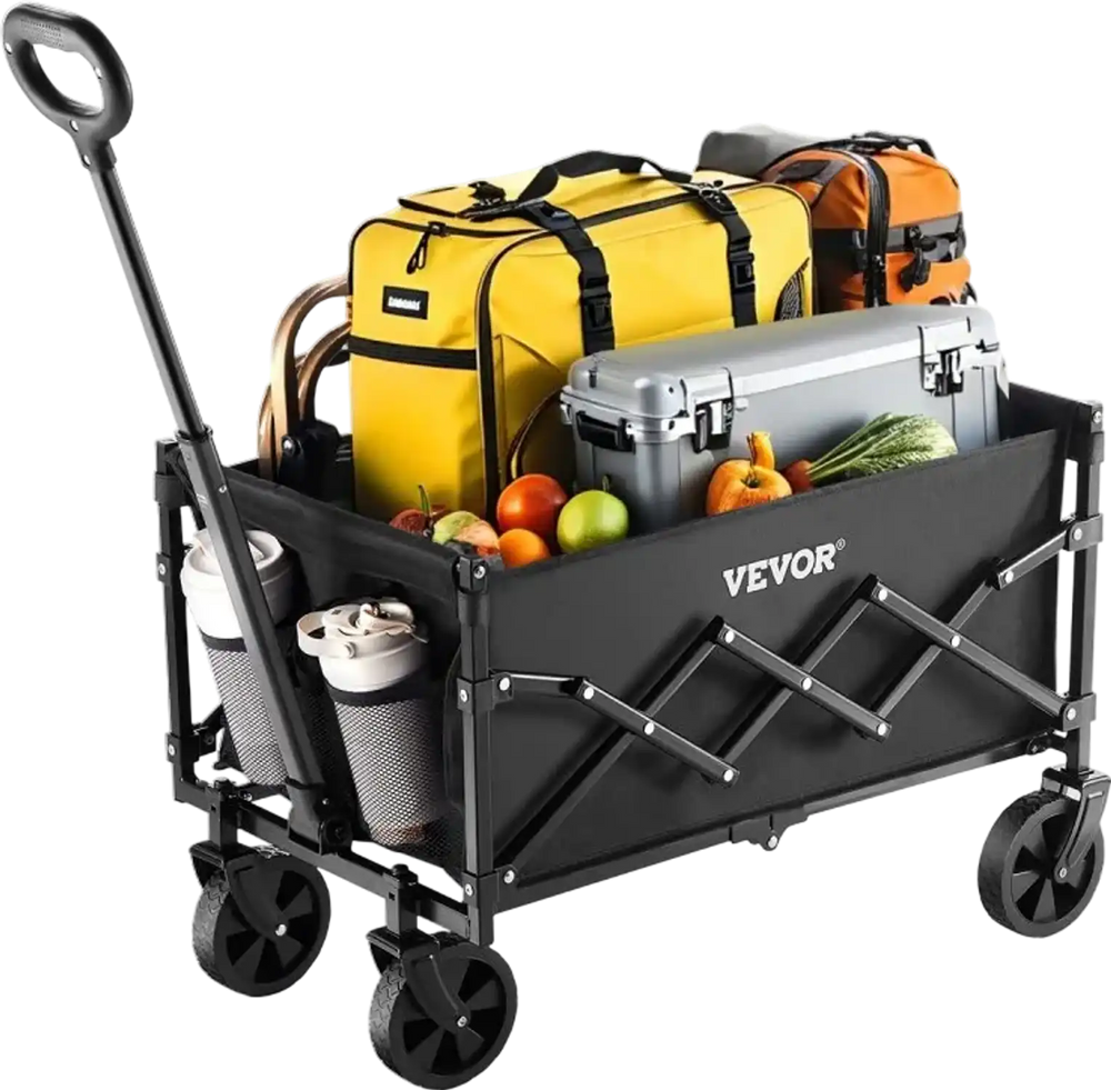 VEVOR Collapsible Wagon Carts, 120L & 225LBS Folding Wagons with All-Terrain Wheels, Heavy Duty Outdoor Utility Cart with Adjustable Handle, Portable Camping Cart for Beach Grocery Garden Black