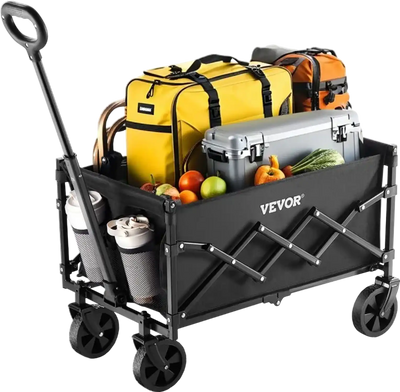 VEVOR Collapsible Wagon Carts, 120L & 225LBS Folding Wagons with All-Terrain Wheels, Heavy Duty Outdoor Utility Cart with Adjustable Handle, Portable Camping Cart for Beach Grocery Garden Black