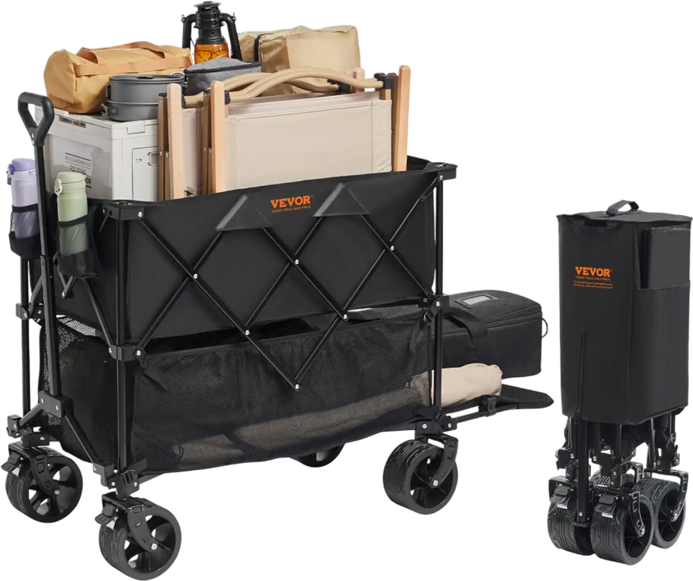VEVOR Foldable Double Decker Wagon, 400L Collapsible Wagon Cart with All-Terrain Wheels, Heavy Duty Folding Wagon Cart 350-450 lbs Weight Capacity for Camping, Shopping, Garden, 52" Extra Long Extender