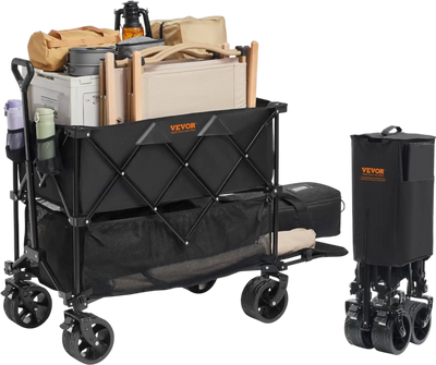 VEVOR Foldable Double Decker Wagon, 400L Collapsible Wagon Cart with All-Terrain Wheels, Heavy Duty Folding Wagon Cart 350-450 lbs Weight Capacity for Camping, Shopping, Garden, 52