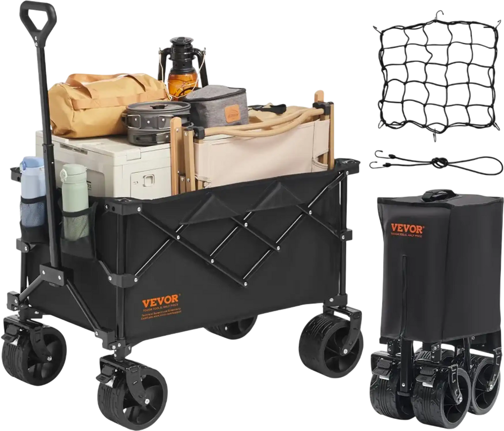 VEVOR Collapsible Folding Wagon, 113 L Beach Wagon Cart with All-Terrain Wheels, Heavy Duty Folding Wagon Cart Max 250 lbs with Drink Holders, Sports Wagon for Camping, Shopping, Garden