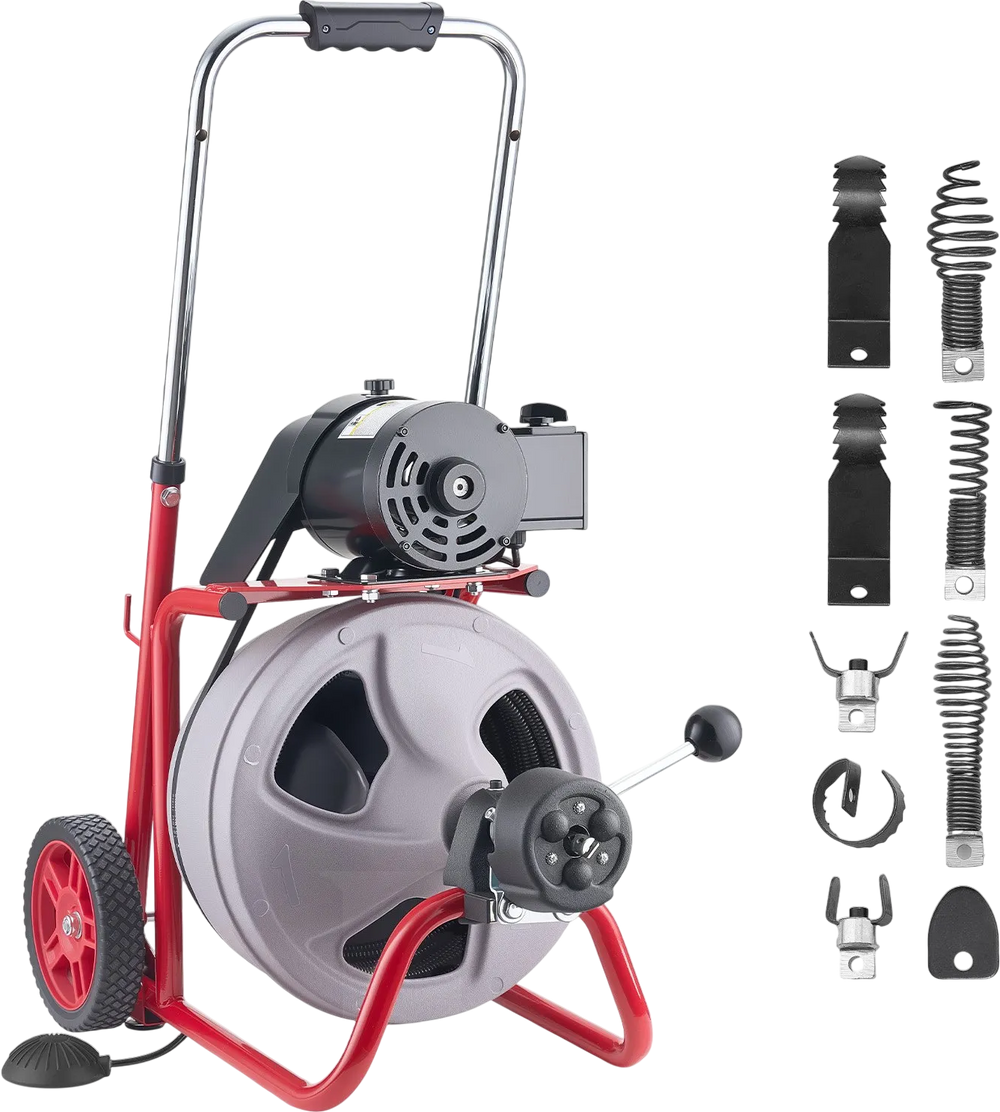 VEVOR Drain Cleaner Machine 75 FT x 3/8 Inch, Auto Feed Sewer Snake Drain Auger on Wheels, Portable Drain Cleaning Machine with 8 Cutters & Air-Activated Foot Switch for 2" to 4" Pipes