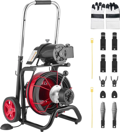 Vevor Drain Cleaner 100 ft x 3/8 in Auto Feed Open Drum with Air Foot Switch 8 Cutters New