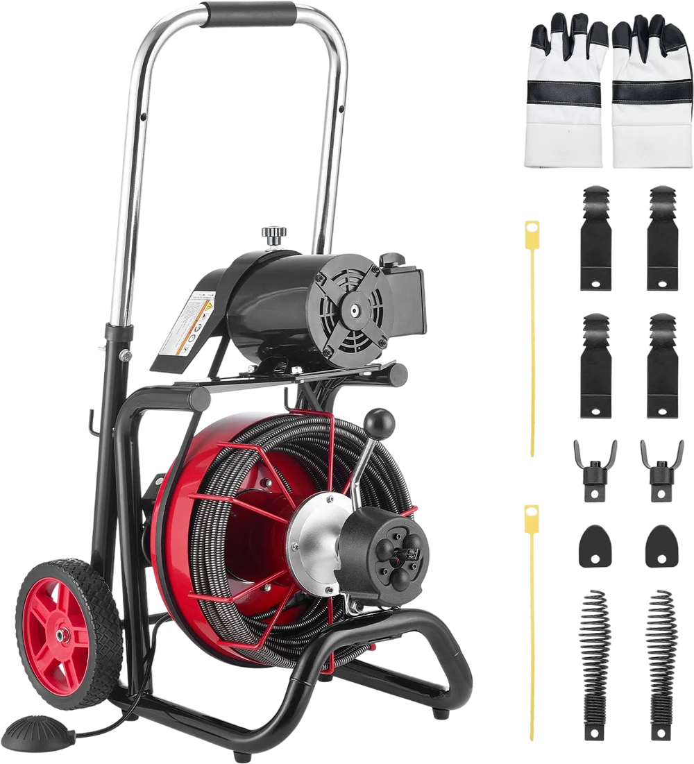 VEVOR Drain Cleaner Machine 100 FT x 1/2 Inch, Auto Feed Sewer Snake Auger on Wheels - with 8 Cutters & Air-Activated Foot Switch for 2" to 6" Pipes