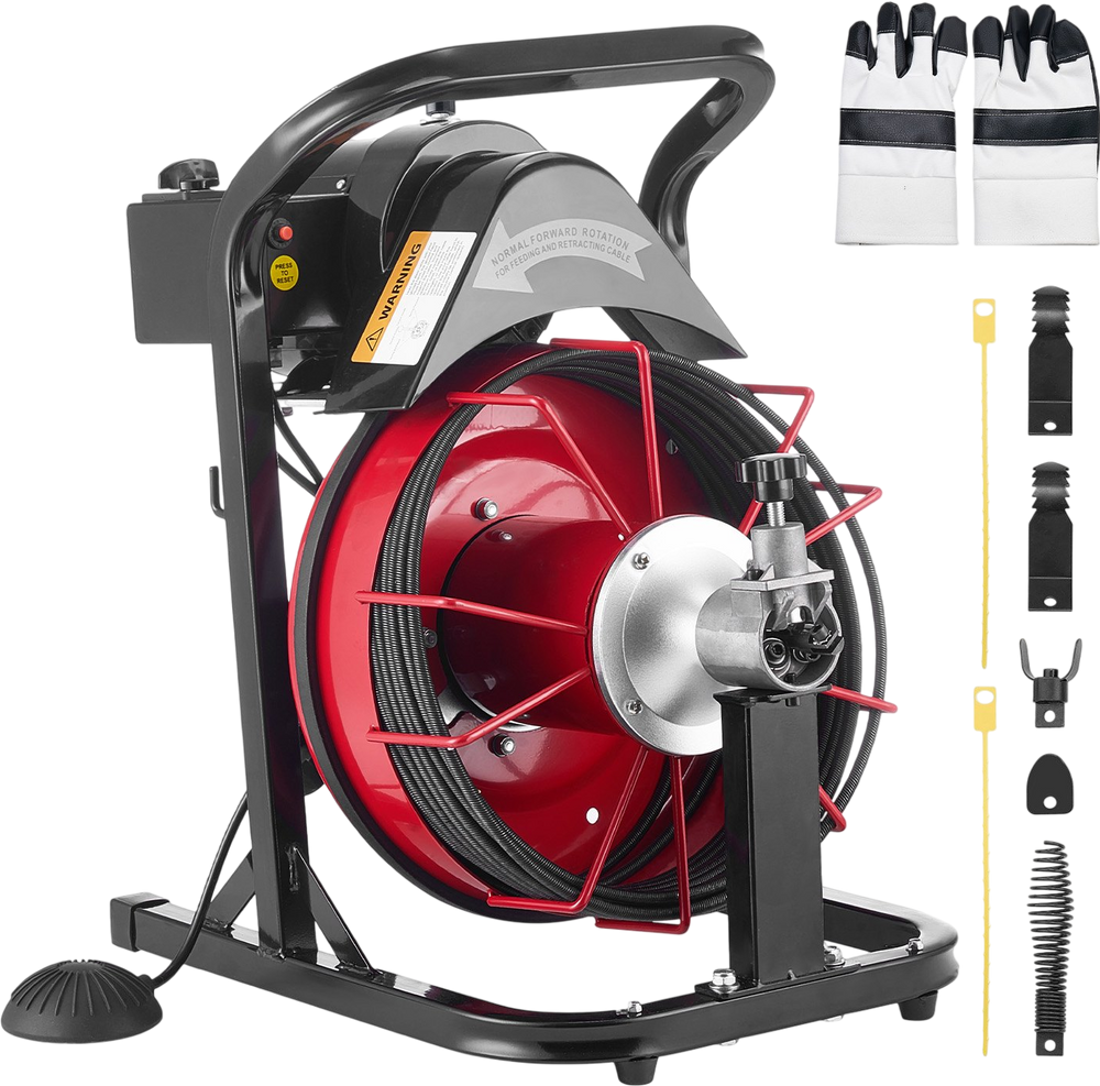 VEVOR Drain Cleaner Machine 50 FT x 5/16 Inch, Auto Feed Sewer Snake Auger with 4 Cutters & Air-Activated Foot Switch for 2" to 4" Pipes