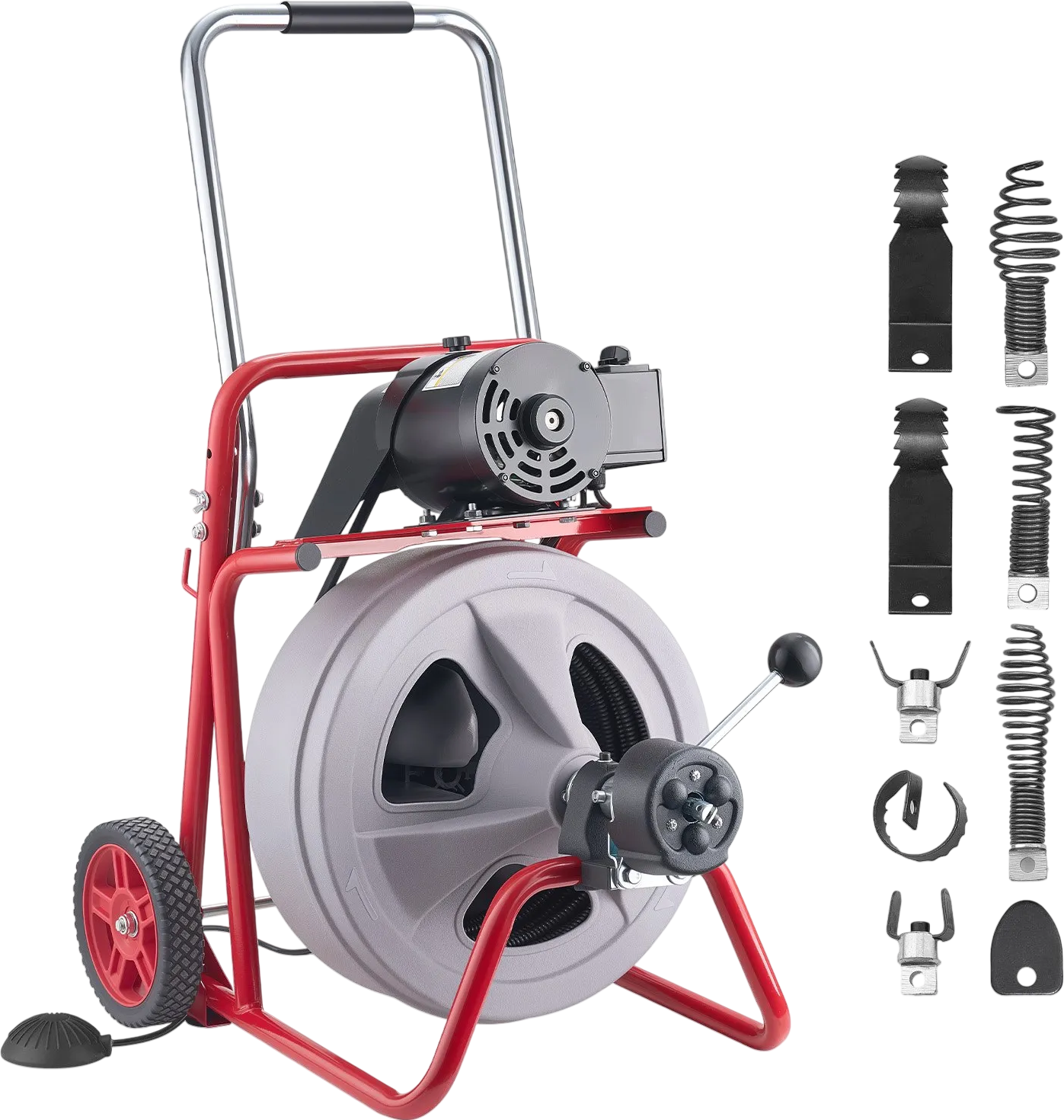 Vevor Drain Cleaner 100 ft x 1/2 in Auto Feed Semi-Enclosed with Air Foot Switch 8 Cutters New