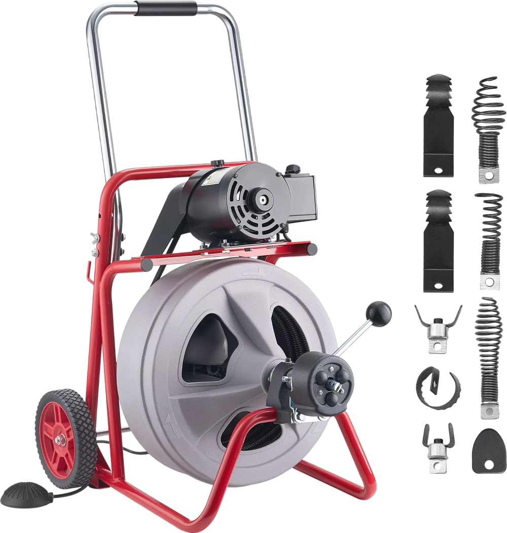 VEVOR Drain Cleaner Machine 100 FT x 1/2 Inch, Auto Feed Sewer Snake Drain Auger on Wheels, Portable Drain Cleaning Machine with 8 Cutters & Air-Activated Foot Switch for 2" to 6" Pipes