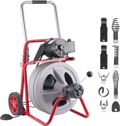 Vevor Drain Cleaner 100 ft x 1/2 in Auto Feed Semi-Enclosed with Air Foot Switch 8 Cutters New