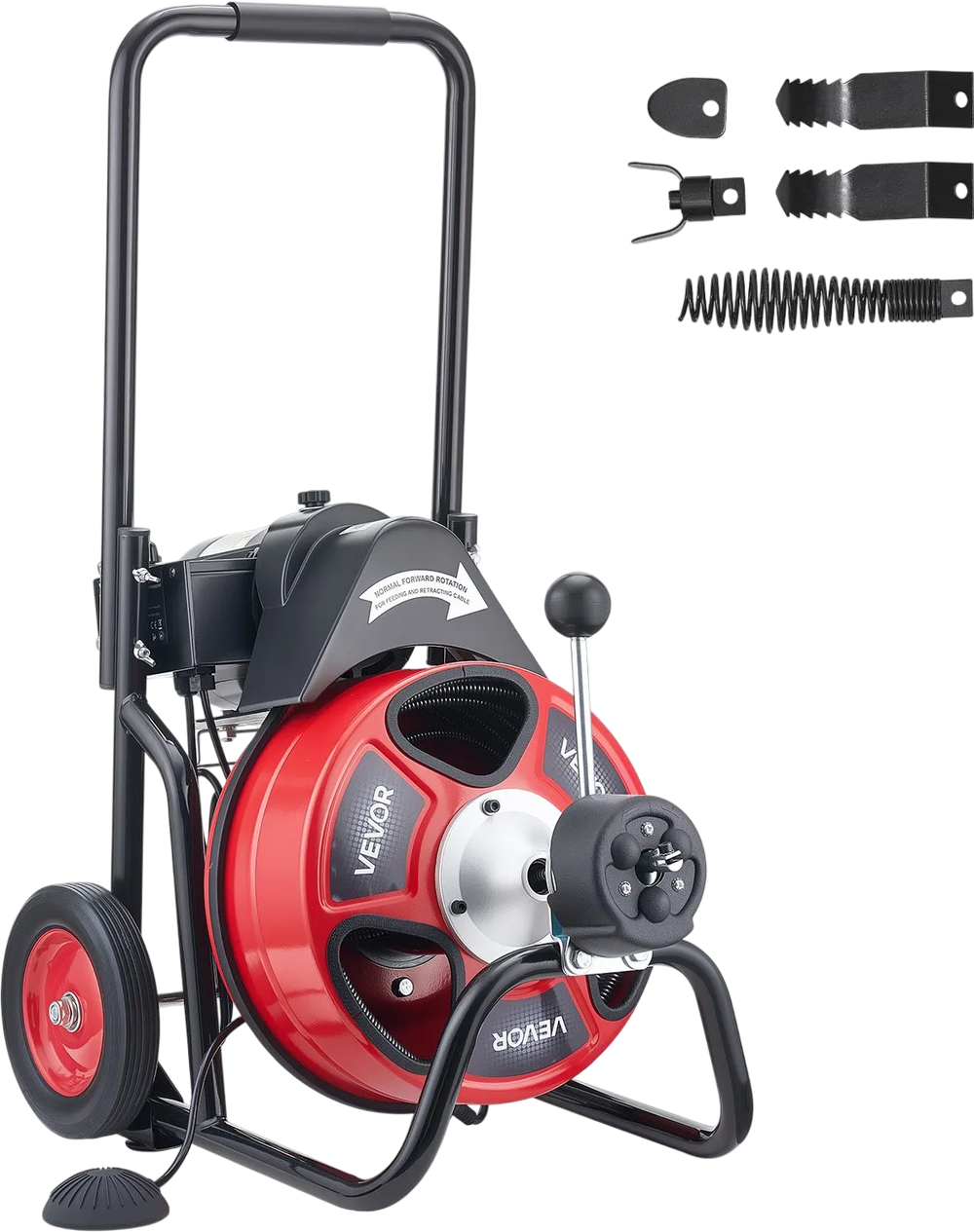 VEVOR Drain Cleaner Machine 75 FT x 1/2 Inch, Auto Feed Sewer Snake Auger on Wheels, Portable Drain Cleaning Machine with 4 Cutters & Air-activated Foot Switch for 2" to 6" Pipes