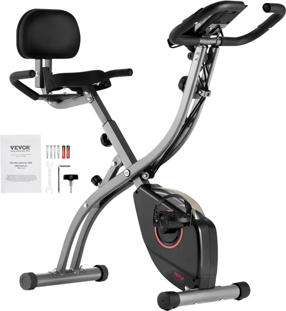 VEVOR Folding Exercise Bike, Foldable Fitness Stationary Bike, Adjustable Magnetic Resistance Stationary Bike, Upright Indoor Cycling Bike for Home Gym Workout, Comfortable Seat Cushion, LCD Monitor