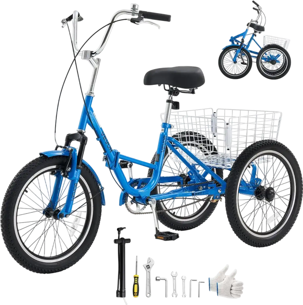 VEVOR Folding Adult Tricycle 20 inch 3 Wheel Foldable Trikes for Adult, Cruiser Bike with Cargo Basket, Adjustable Seat, and Double-Wall Wheel Rims, Shopping Picnic Tricycles for Women, Men, Seniors