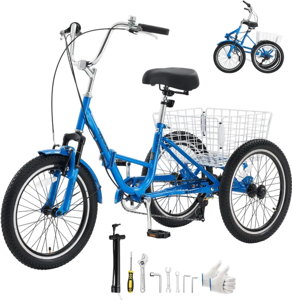 VEVOR Folding Adult Tricycle 20 inch 7 Speed Foldable Trikes for Adult, 3 Wheel Cruiser Bike w/ Cargo Basket, Adjustable Seat, Double-Wall Wheel Rims, Shopping Picnic Tricycles for Women, Men, Senior