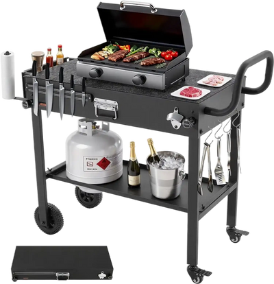 VEVOR Outdoor Grill Cart, 31.0 x 17.0 inch Tabletop Size Grilling Table, Foldable Outdoor Cooking Table with Tissue Holder, Wheels, Magnetic Tool Rack, BBQ Prep Tables for Picnic, Kitchen, Courtyard