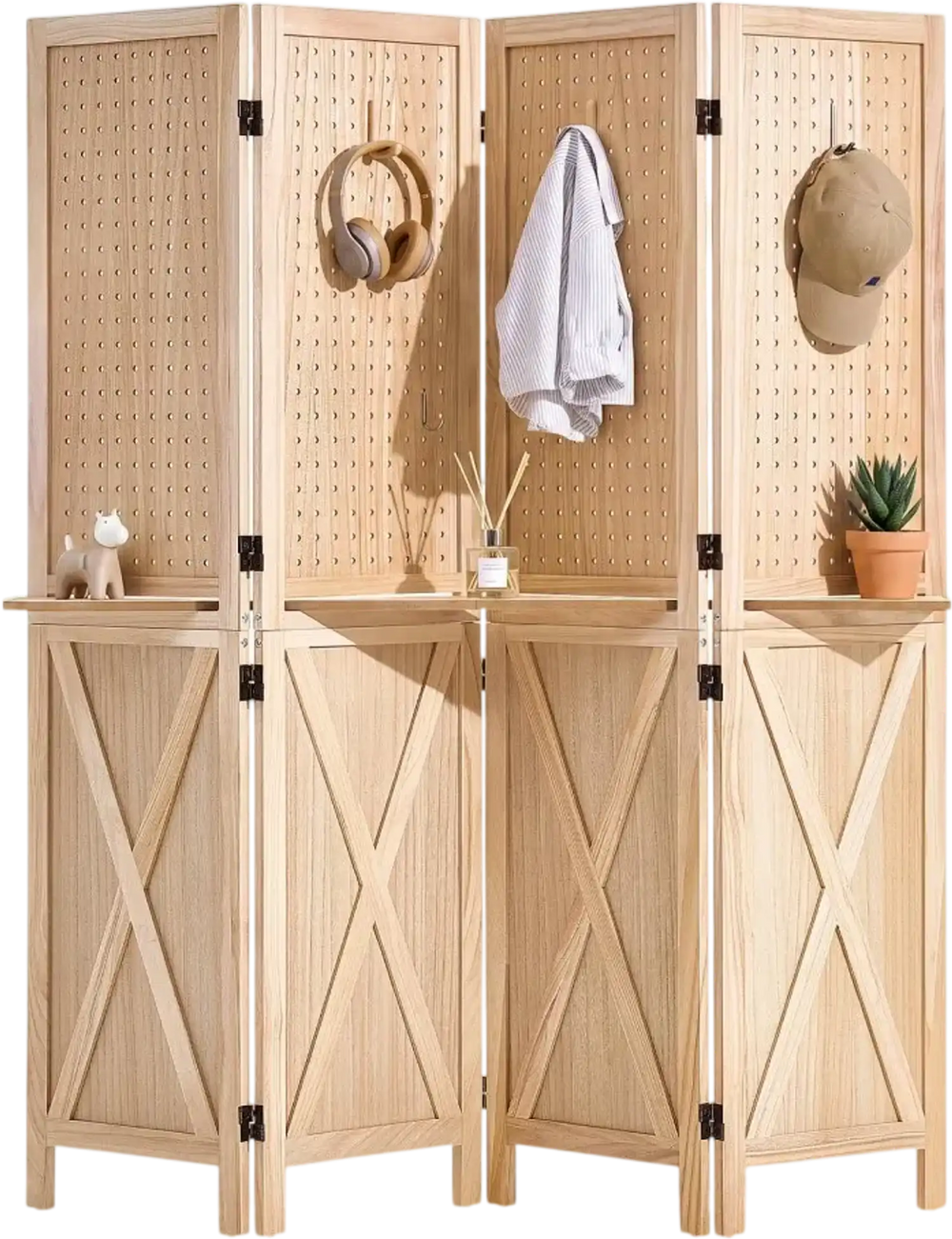 VEVOR Wood Room Divider Pegboard Wood Folding Privacy Screen with Shelves, For Room Separation & Home Decor, 4 Panels, Solid Frame with X Pattern, 360° Two-Way Hinges, Wooden Partition with Hardware