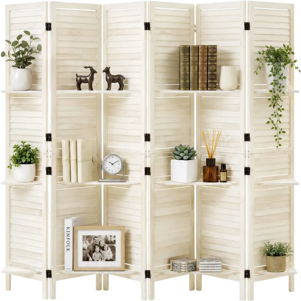 VEVOR Wood Room Divider 6 Panels Wood Folding Privacy Screen with Shelves, For Room Separation & Home Decor, 67.1 in Tall, Solid Frame, 360° Two-Way Hinges, Louvered Wooden Partition with Hardware