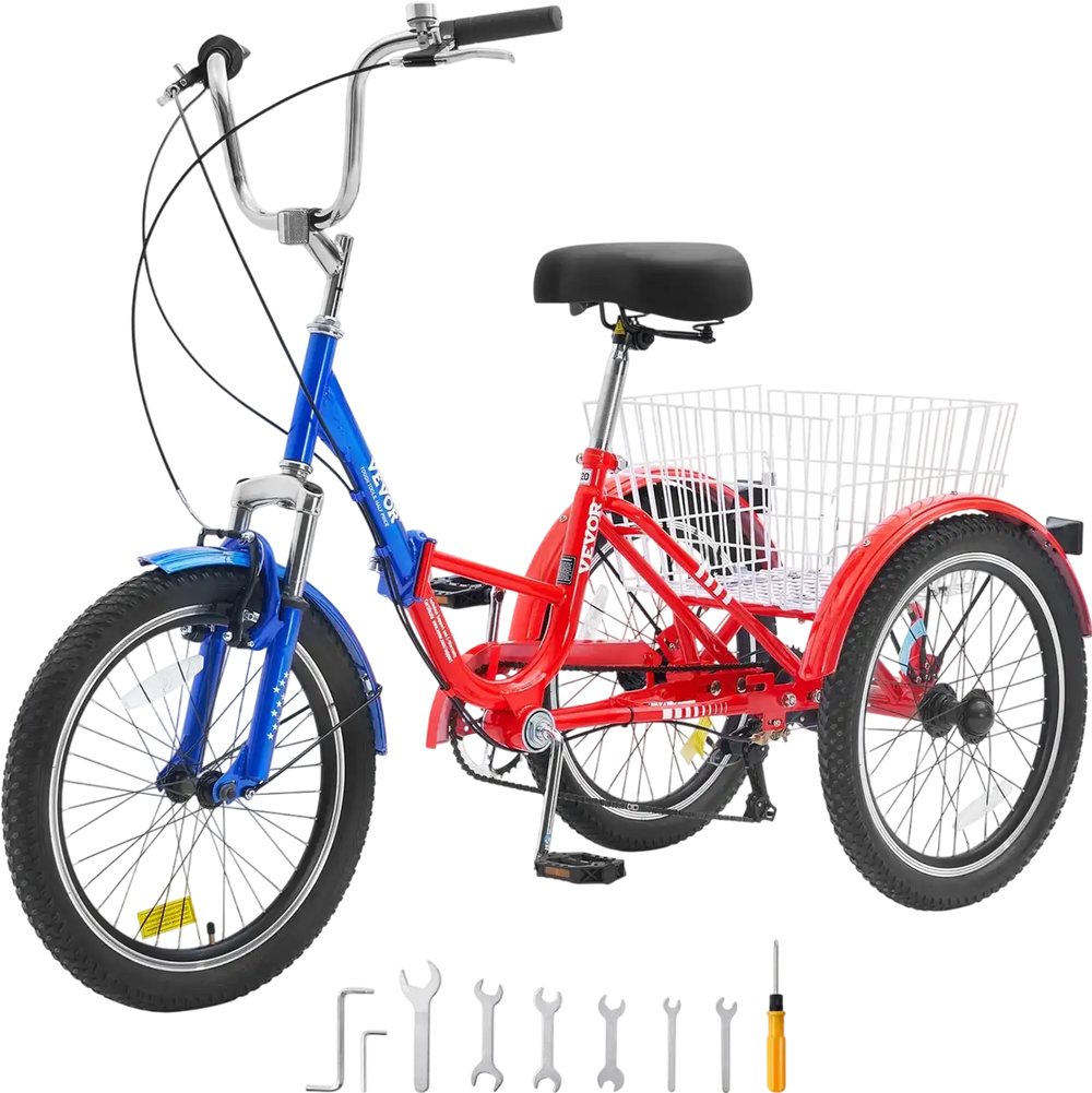 VEVOR Folding Adult Tricycle, 20-Inch 7-Speed Adult Folding Trikes, Carbon Steel 3 Wheel Cruiser Bike with Large Basket & Adjustable Seat, Shopping Picnic Foldable Tricycles for Women, Men, Seniors