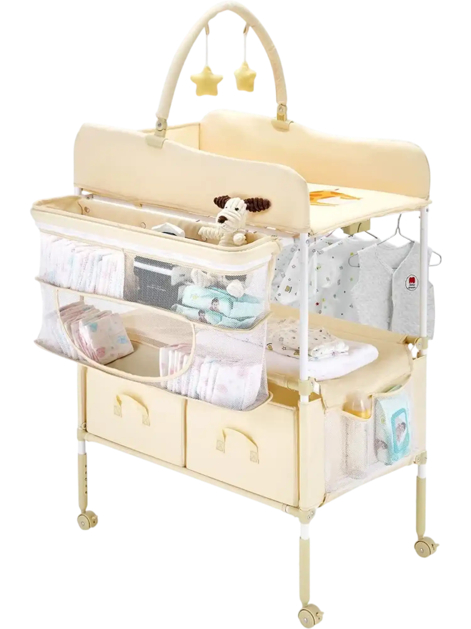 Vevor Changing Table Foldable Baby Diaper Station with 2 Drawers, Side Basket & Hanging Rod, Light Beige New