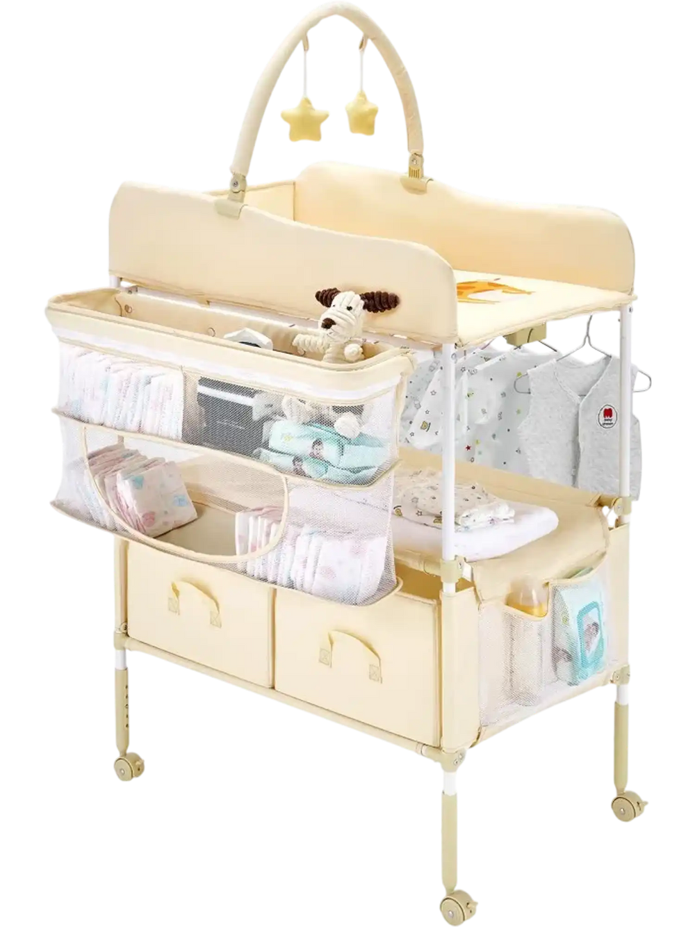 VEVOR Baby Changing Table, Foldable Diaper Change Station with 2 Fabric Drawers, Side Basket & Hanging Rod, Adjustable Height Portable Changing Table with Lockable Wheels & 2 Star Toys, Light Beige