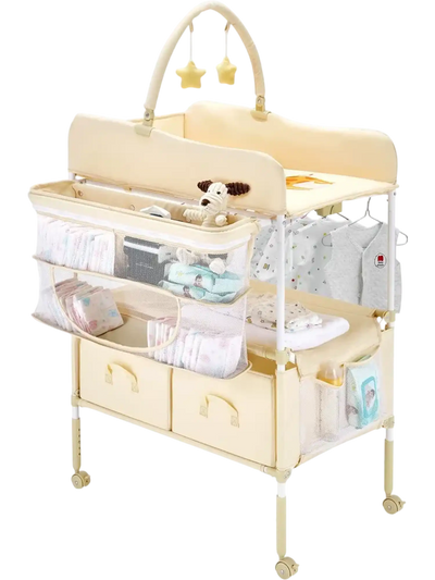 VEVOR Baby Changing Table, Foldable Diaper Change Station with 2 Fabric Drawers, Side Basket & Hanging Rod, Adjustable Height Portable Changing Table with Lockable Wheels & 2 Star Toys, Light Beige
