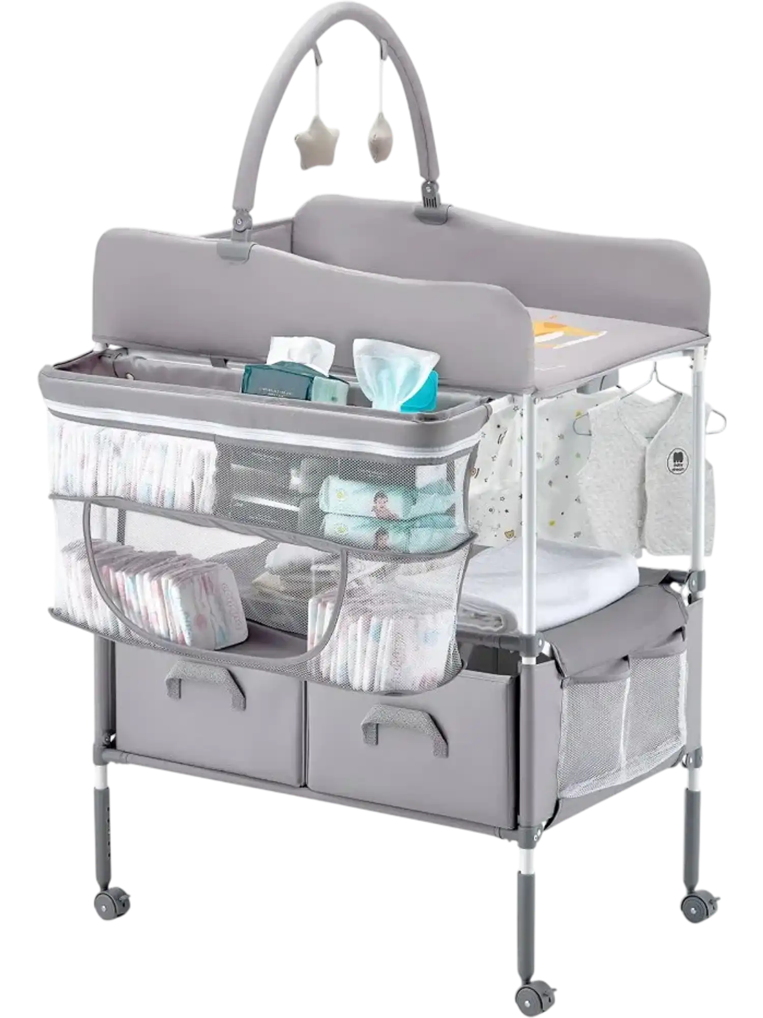 Vevor Baby Changing Table Foldable Diaper Change Station with 2 Fabric Drawers, Side Basket & Hanging Rod, Light Gray New