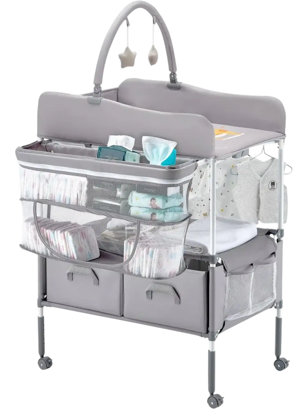VEVOR Baby Changing Table, Foldable Diaper Change Station with 2 Fabric Drawers, Side Basket & Hanging Rod, Adjustable Height Portable Changing Table with Lockable Wheels & 2 Star Toys, Light Gray