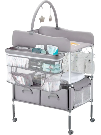 Vevor Baby Changing Table Foldable Diaper Change Station with 2 Fabric Drawers, Side Basket & Hanging Rod, Light Gray New