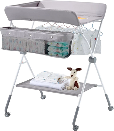 VEVOR Baby Changing Table, Foldable Diaper Change Station with Side Basket, Adjustable Height Portable Changing Table with Lockable Wheels, Multi-Functional Storage Organizer Nursery, Light Gray