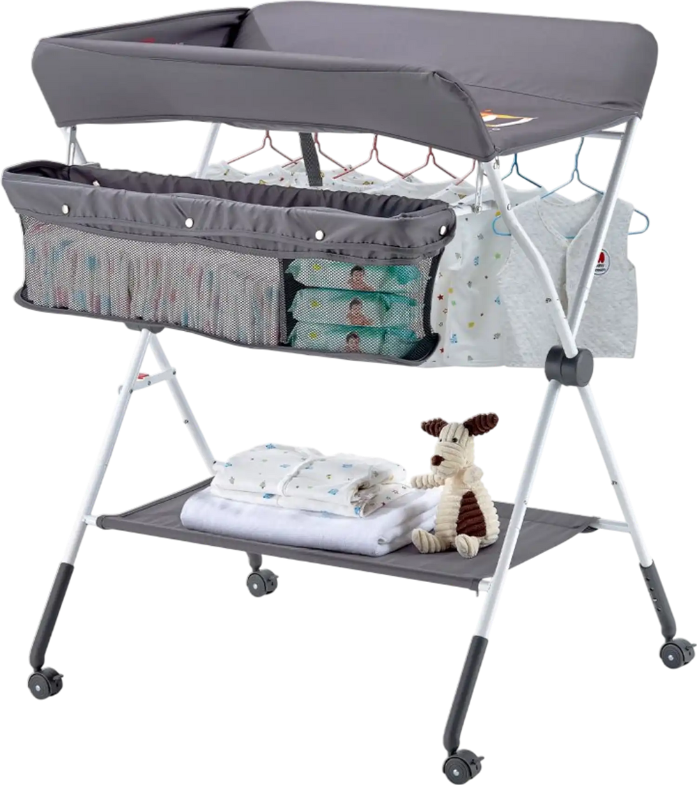 VEVOR Baby Changing Table, Foldable Diaper Change Station with Side Basket, Adjustable Height Portable Changing Table with Lockable Wheels, Multi-Functional Storage Organizer Nursery, Dark Gray