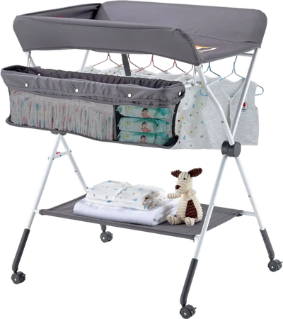 VEVOR Baby Changing Table, Foldable Diaper Change Station with Side Basket, Adjustable Height Portable Changing Table with Lockable Wheels, Multi-Functional Storage Organizer Nursery, Dark Gray