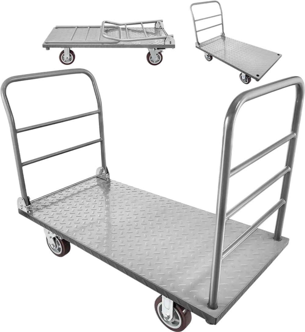 VEVOR Platform Truck, 2650 lbs Capacity, Heavy Duty Flatbed Cart Dolly with Detachable Guardrail and Swivel Wheels, Foldable Hand Push Truck Cart, for Groceries, Garage, Warehouse, 48 x 24 x 36.2 in