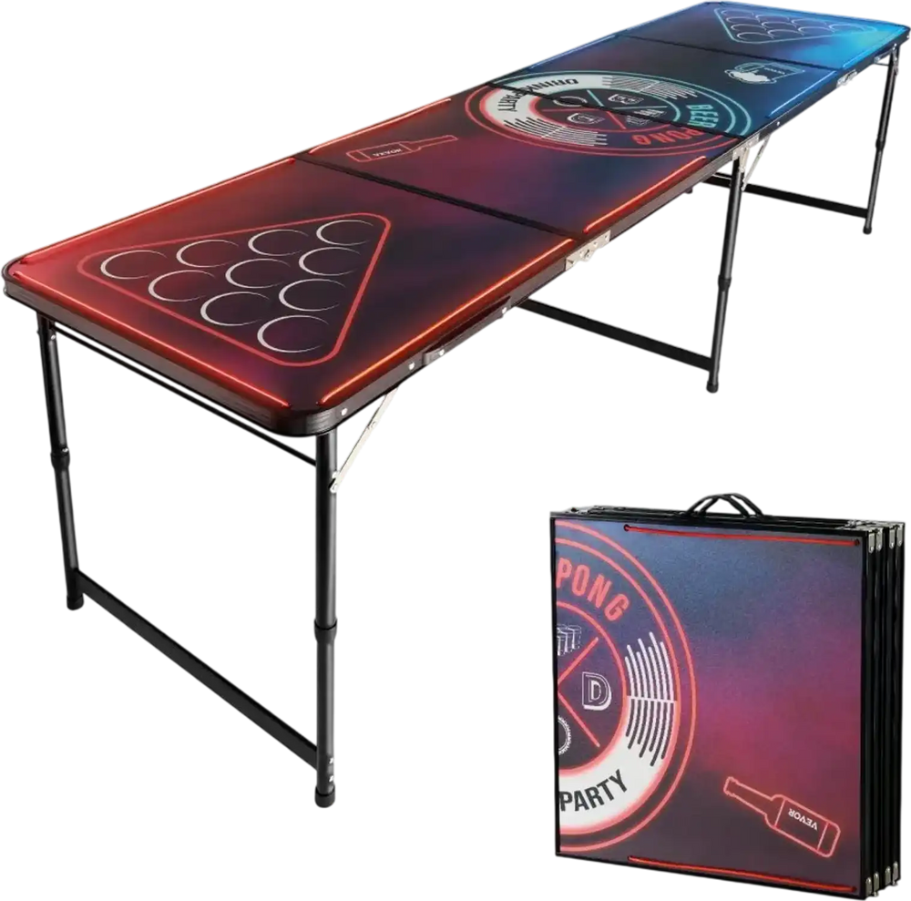 VEVOR 8 Foot Portable Beer Pong Table, LED Lights, Foldable Tailgate Table with Carrying Handles and 6 Pong Balls, Adjustable Height, Lightweight Table for Office, Tailgate Party, Travel & Camping