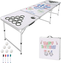 VEVOR 8 Foot Portable Beer Pong Table, Folding Tailgate Table, Cup Holes, Dry Erase Markers and Carrying Handles, Adjustable Height, Lightweight Table for Office, Tailgate Party & Camping, White
