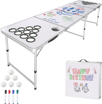 VEVOR 8 Foot Portable Beer Pong Table, Folding Tailgate Table, Cup Holes, Dry Erase Markers and Carrying Handles, Adjustable Height, Lightweight Table for Office, Tailgate Party & Camping, White